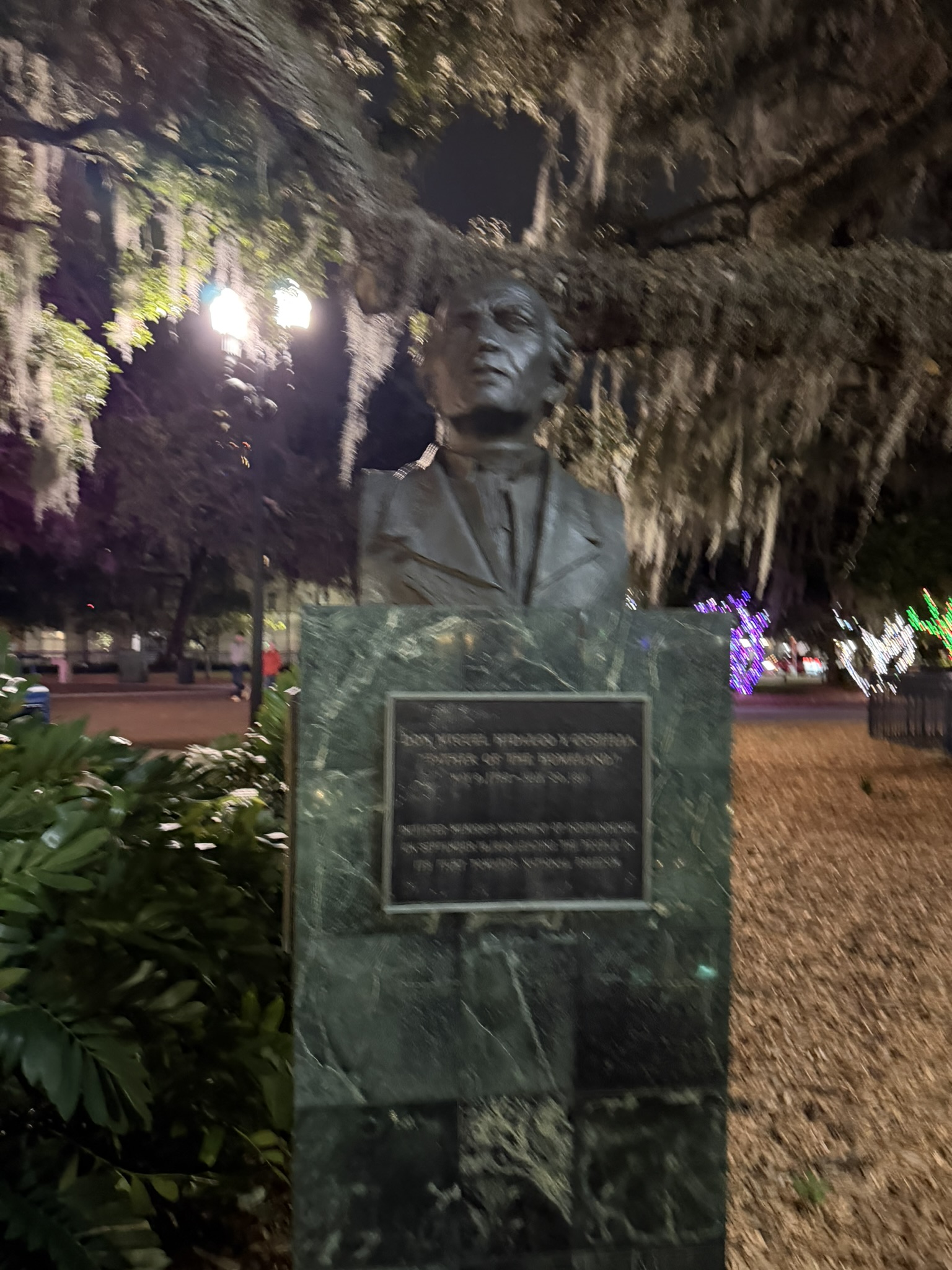 Monument at night with holiday lights